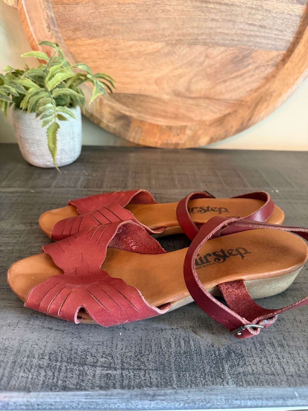 Women's Red Leather Woven Slide Sandals with Ankle Strap - Picture 5 of 8